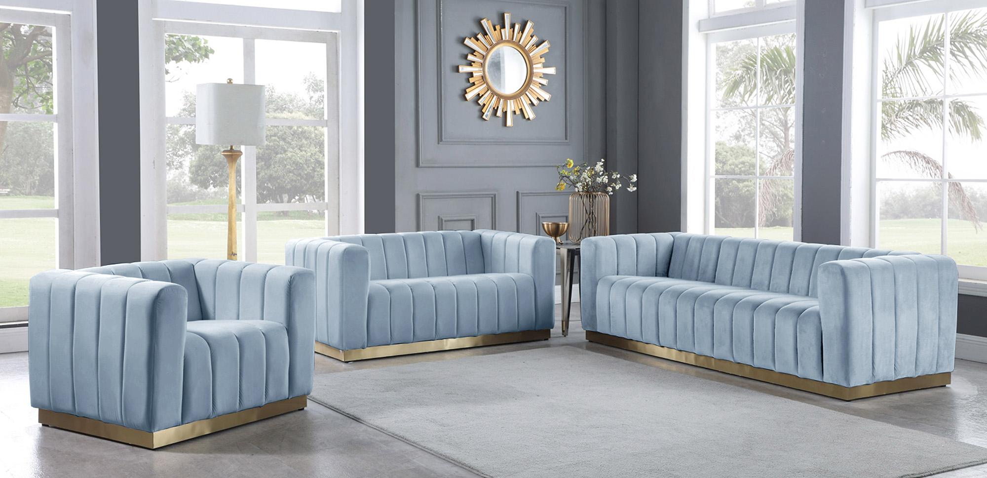 

        
Meridian Furniture MARLON 603SkyBlu-S-Set-3 Sofa Set Light Blue/Gold Velvet 704831408607

