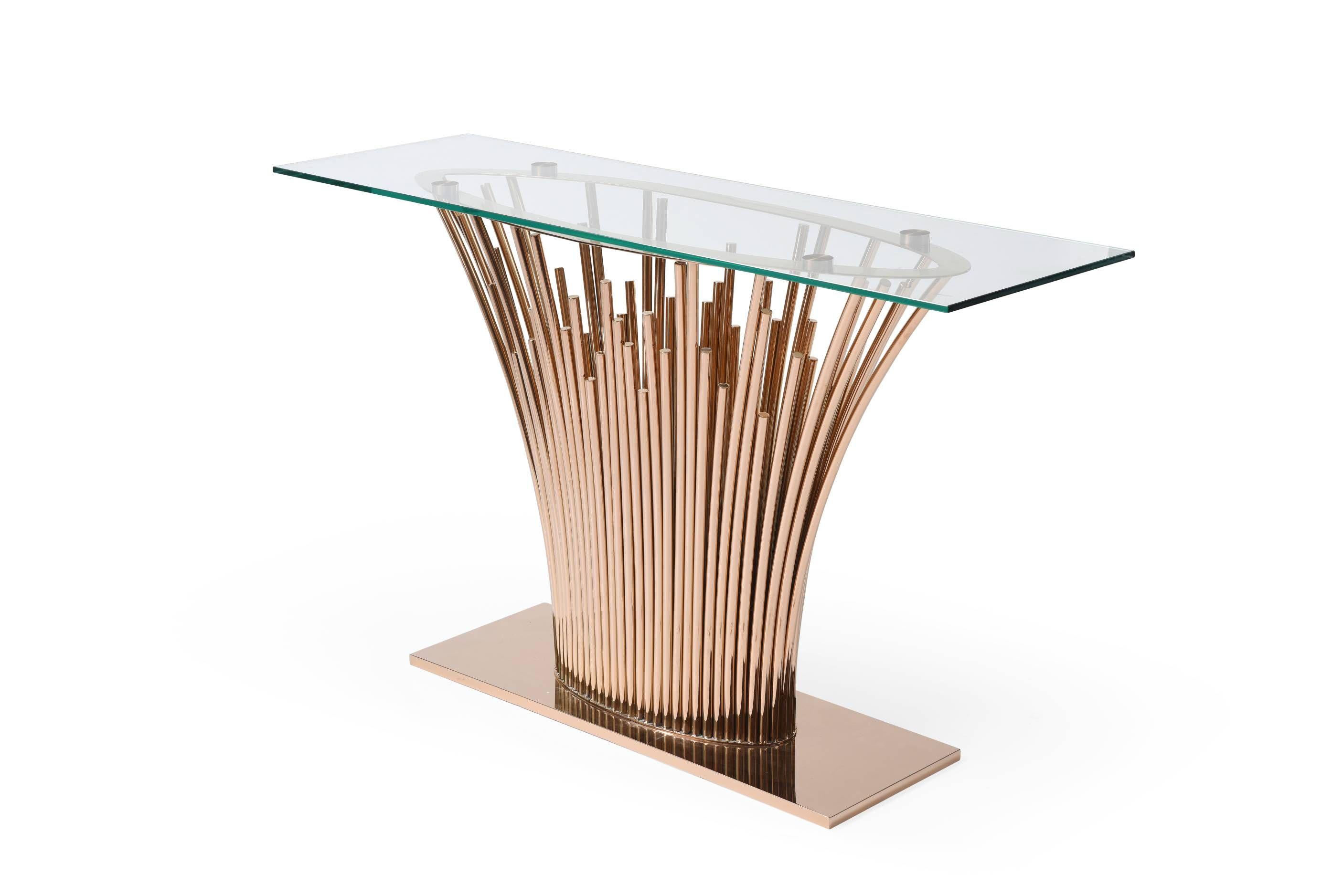 

    
Modern Glass + Rosegold Console Table by VIG Modrest Paxton
