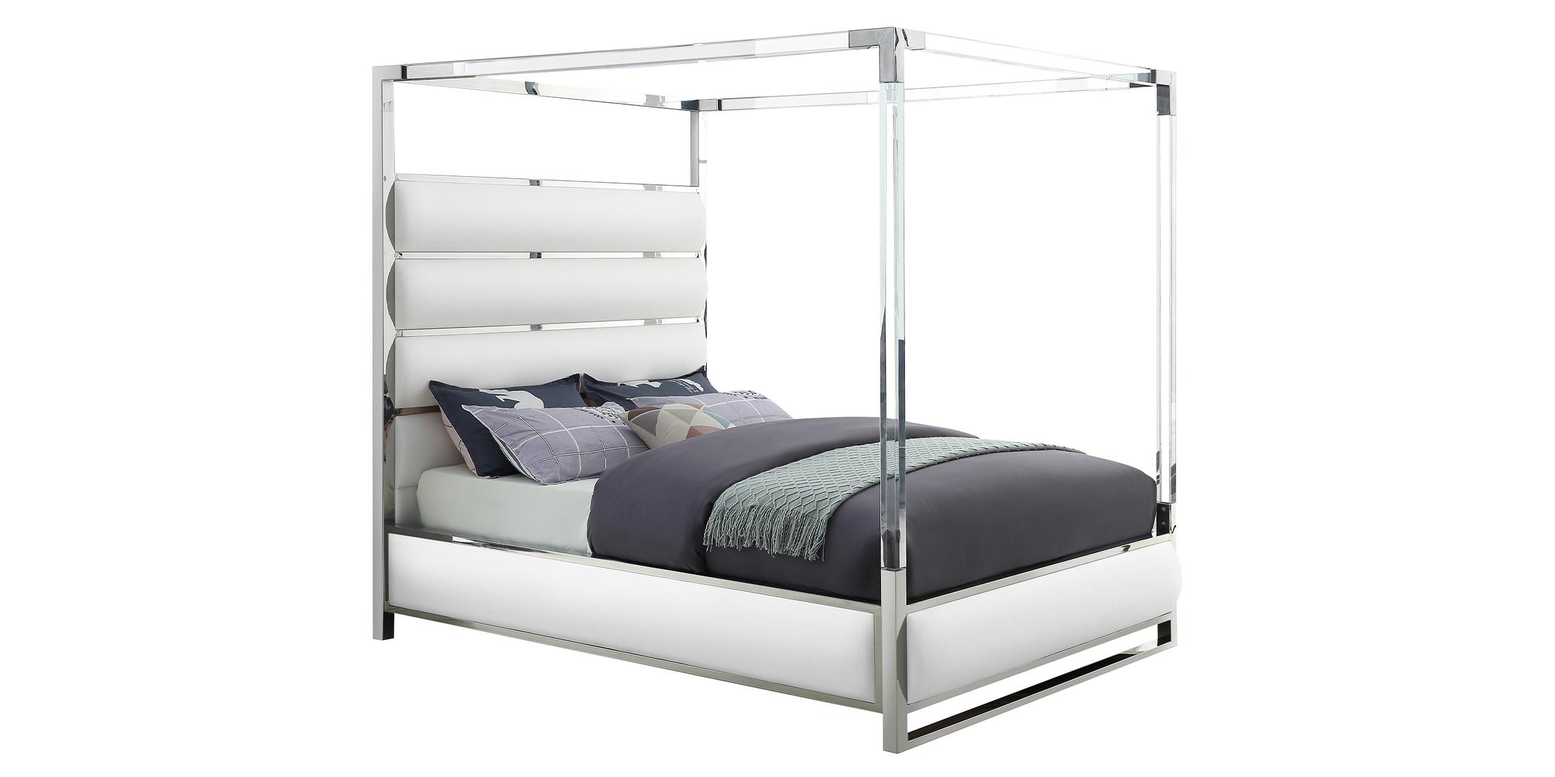 

    
Glam White Faux Leather & Chrome Canopy King Bed ENCORE Meridian Modern

