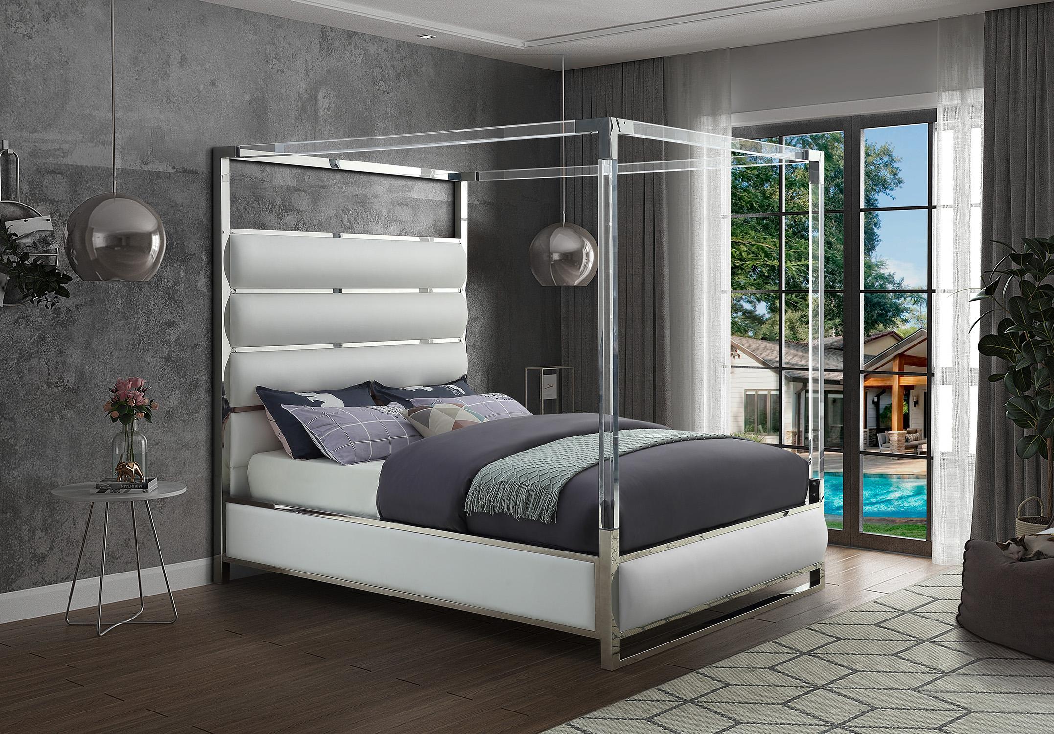 

    
Glam White Faux Leather & Chrome Canopy King Bed ENCORE Meridian Modern
