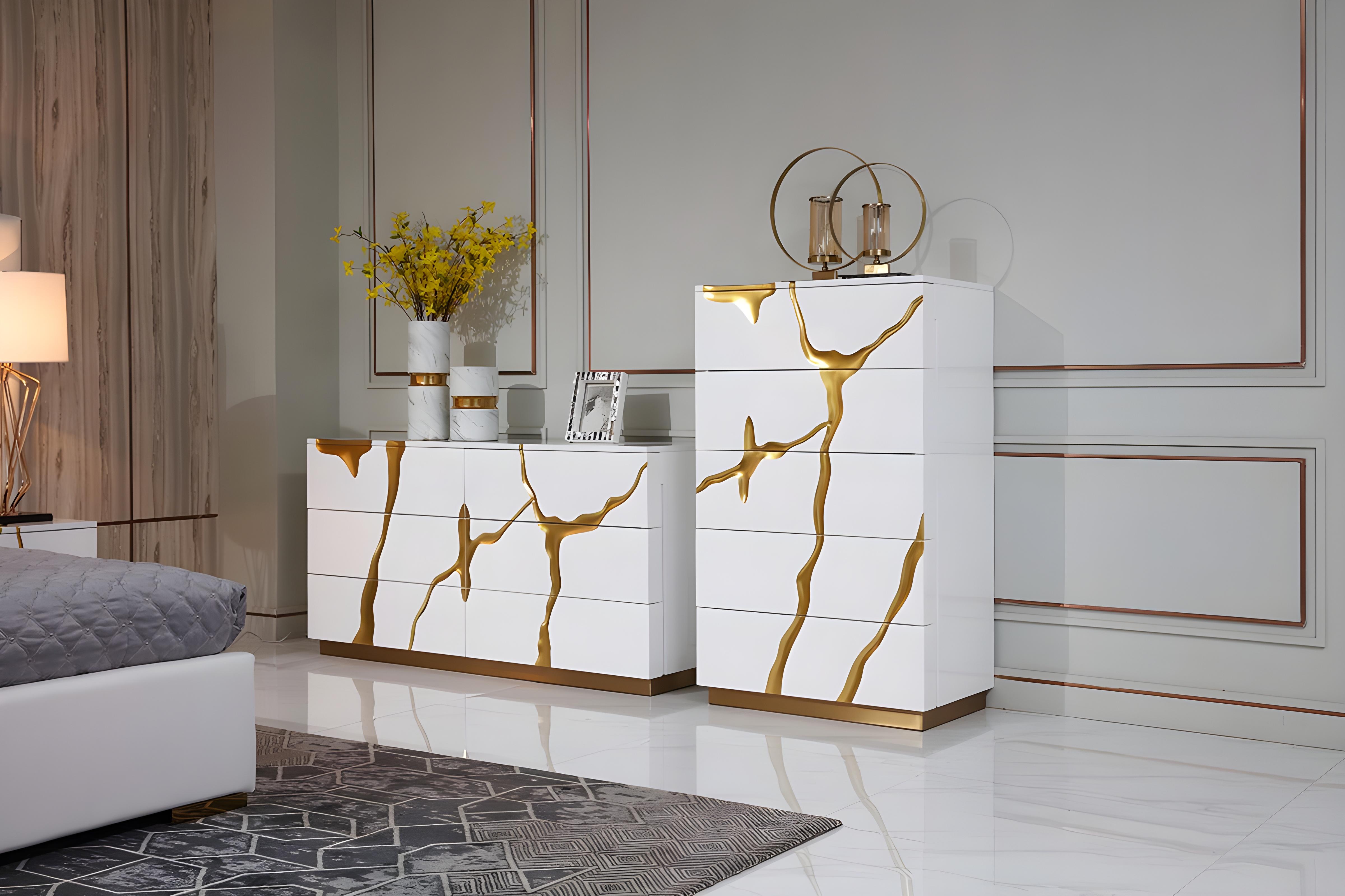 

    
Glam White & Gold Dresser w/ 6 Drawers + Chest w/ 5 Drawers by Modrest Aspen
