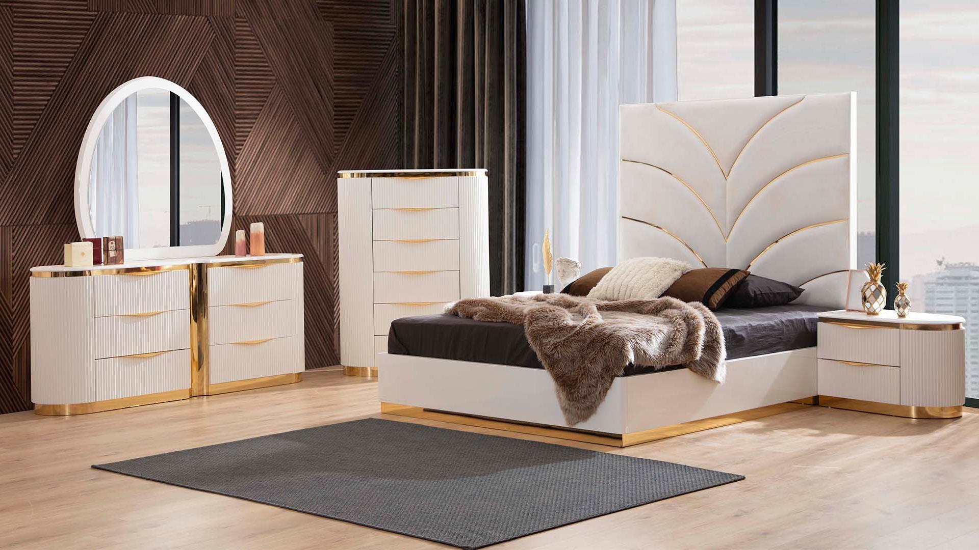 Contemporary, Modern Platform Bedroom Set LAURA QB13425359-5PC in White, Gold Velvet
