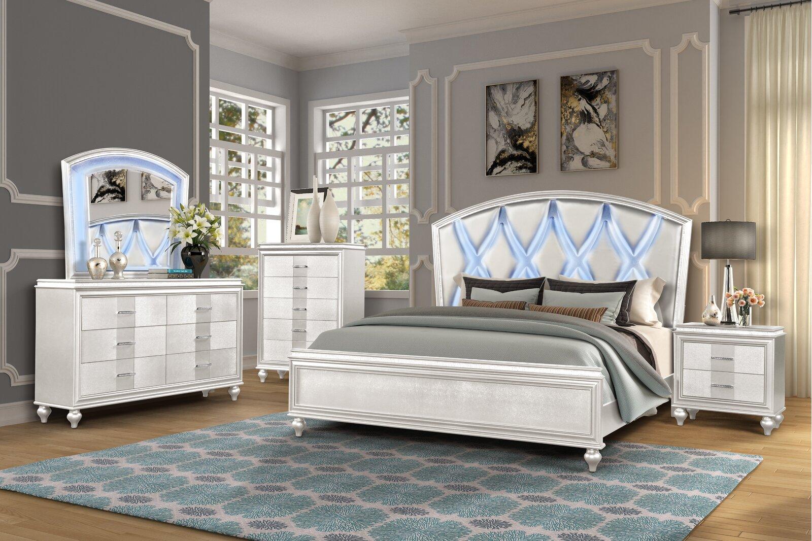 

    
Glam White Queen Panel Bed w/Led GINGER Galaxy Home Contemporary Modern
