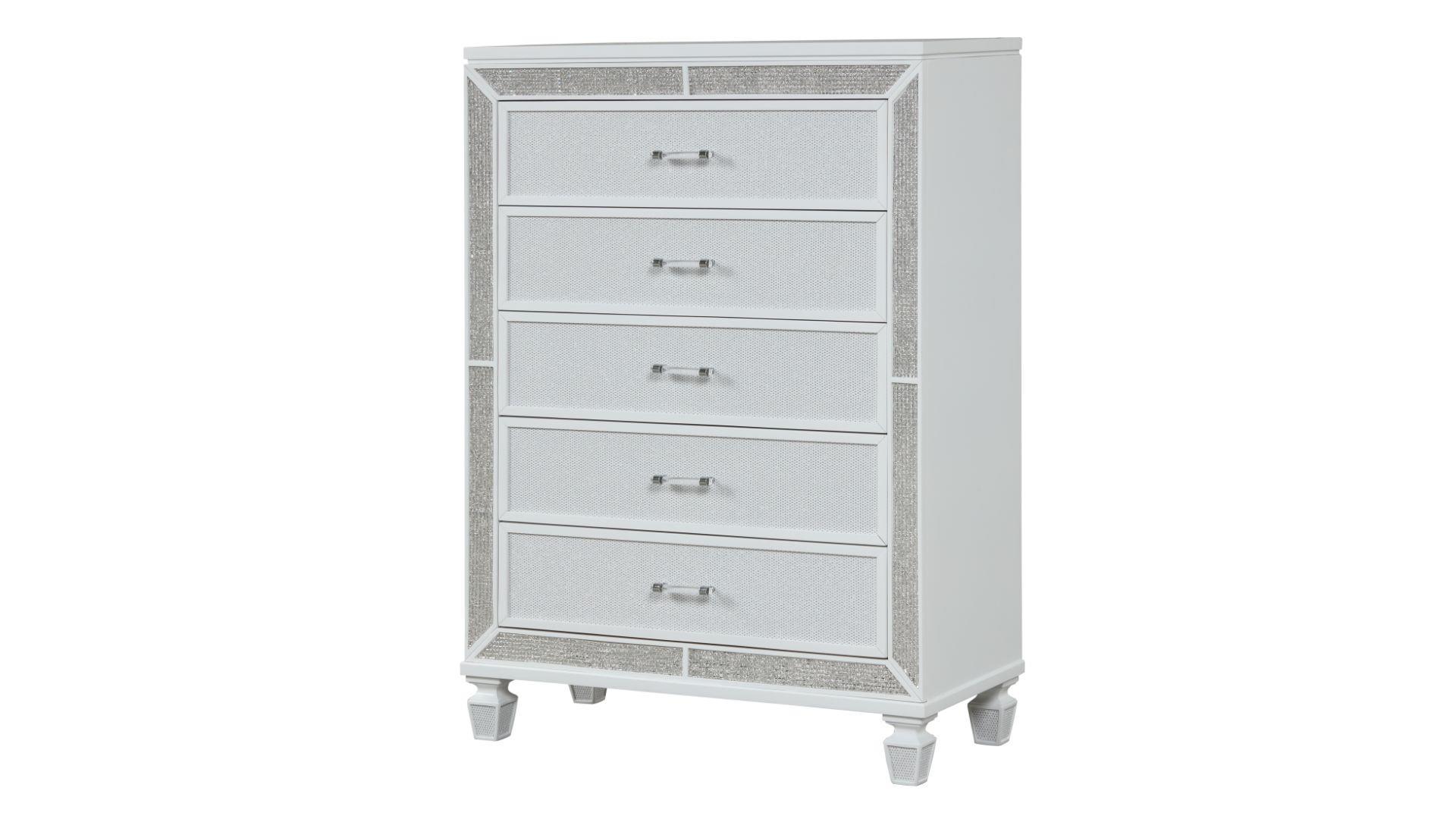 

    
Glam White Solid Wood Five Drawer Chest CRYSTAL Galaxy Home Modern Contemporary
