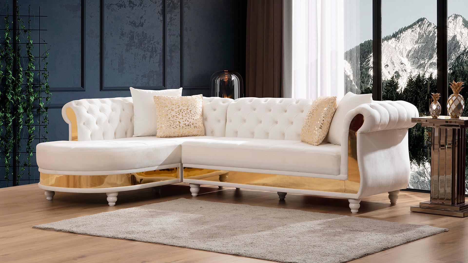 

    
Glam White Velvet Button Tufted Sectional Sofa JULIA Galaxy Home Contemporary
