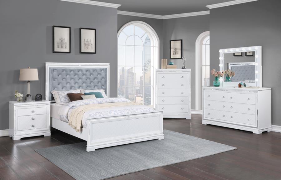 

    
Glam White Wood Queen Bedroom Set 5pcs Coaster 223561Q Eleanor
