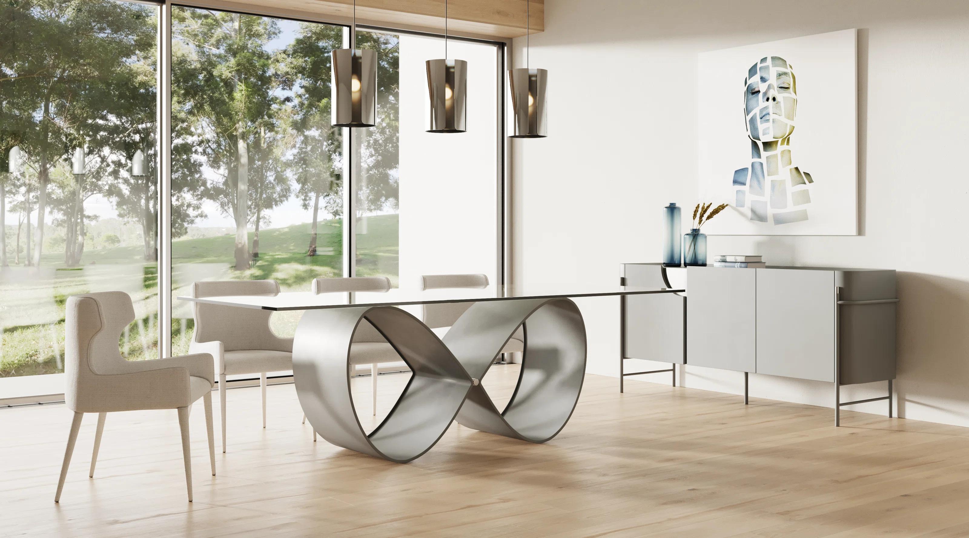 

    
Glass & Matte Silver Infinity Symbol Dining Table + 6 Chairs by VIG Modrest Hadley
