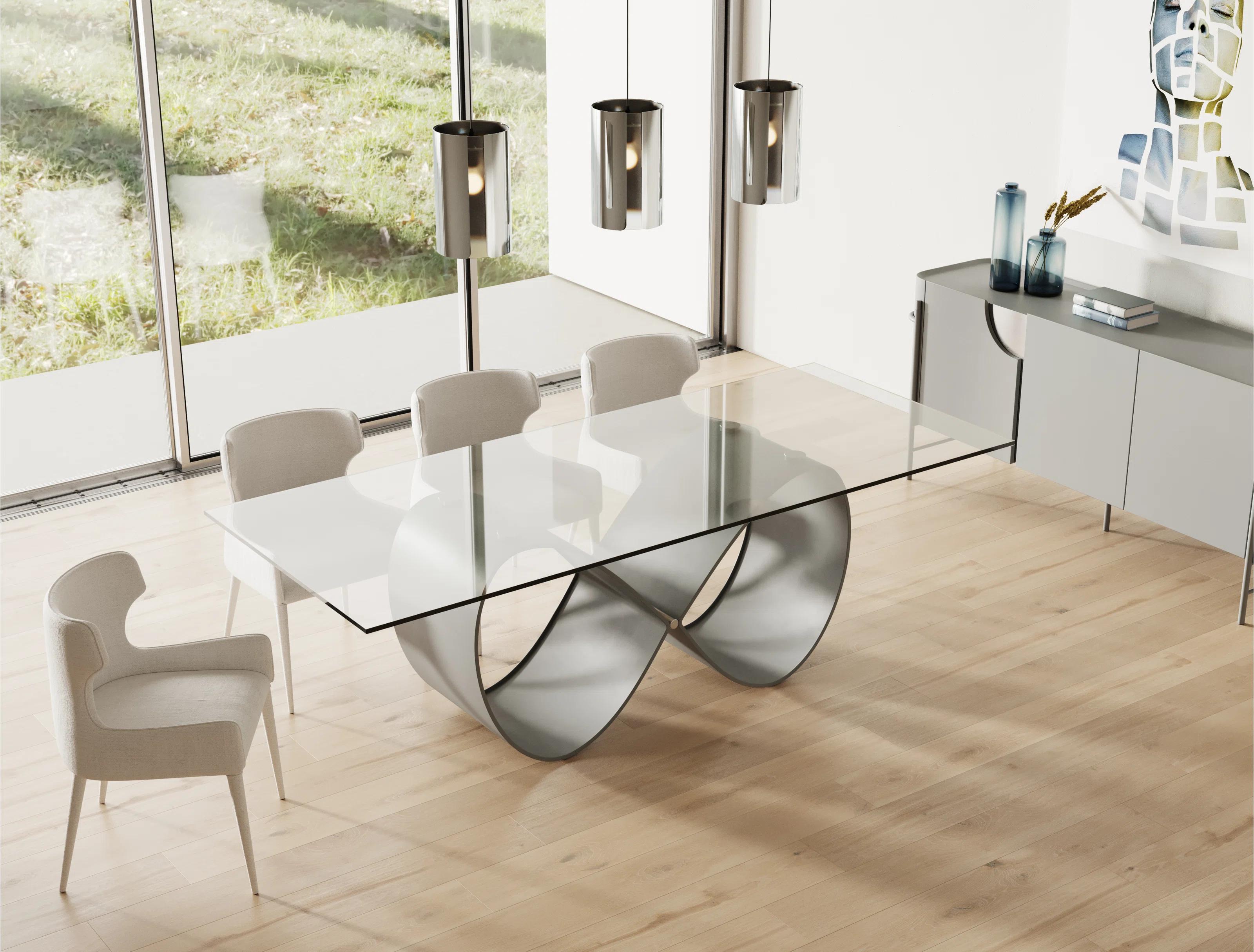 

    
Glass & Matte Silver Infinity Symbol Dining Table + 6 Chairs by VIG Modrest Hadley
