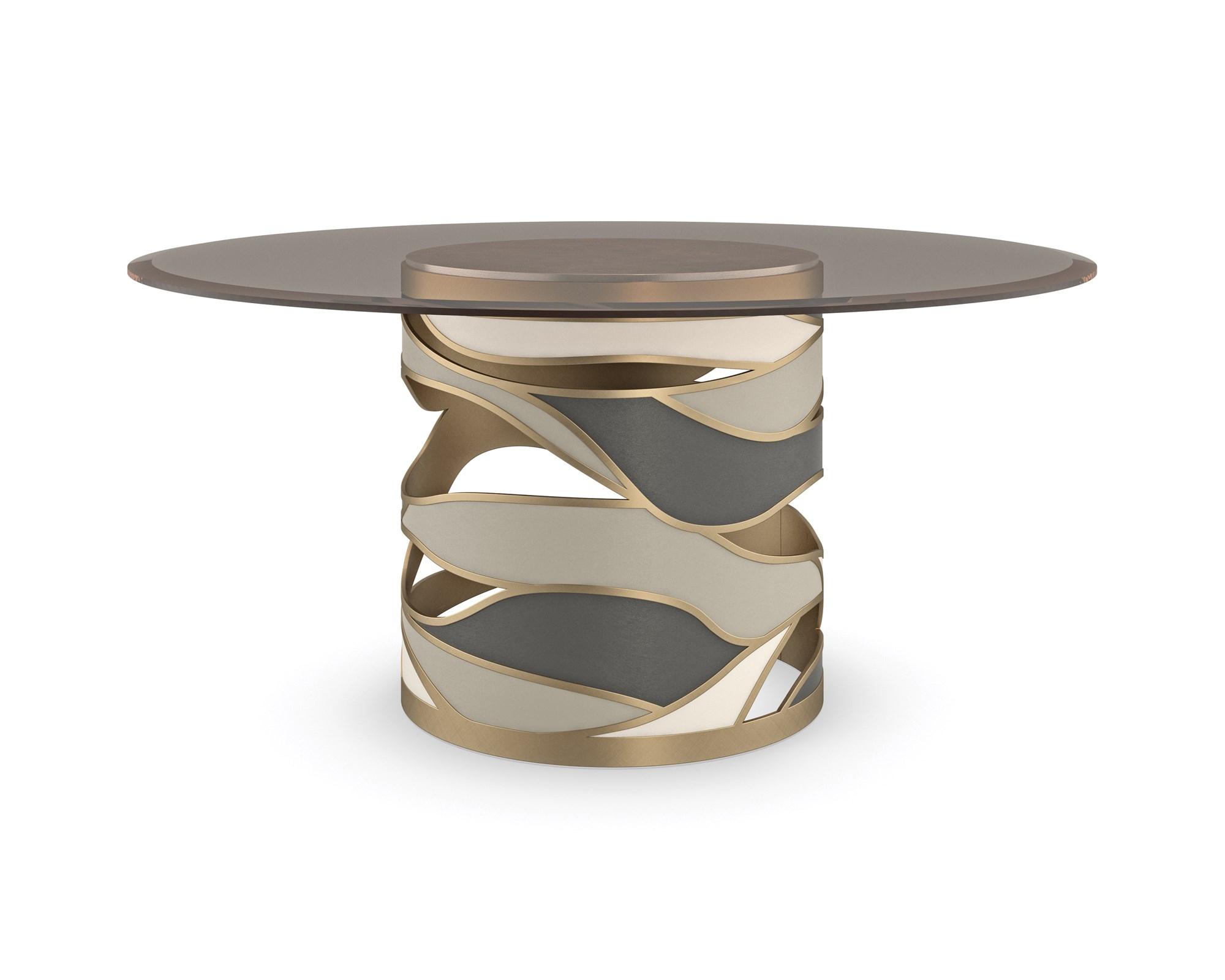 

    
Glass Top & Metal Base In Gold W/ Faux Shagreen Dining Table VIEW FROM THE TOP by Caracole
