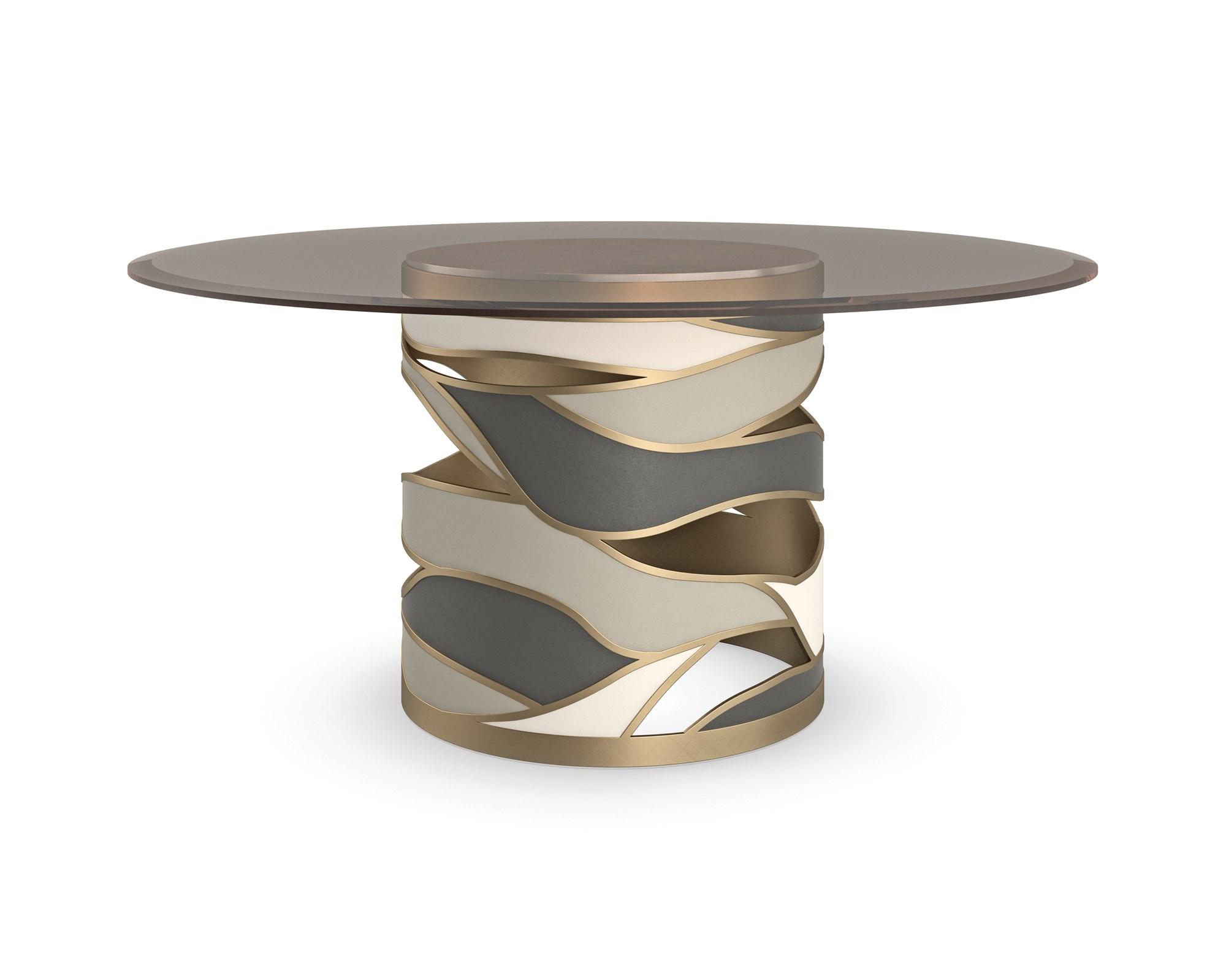 

    
Glass Top & Metal Base In Gold W/ Faux Shagreen Dining Table VIEW FROM THE TOP by Caracole
