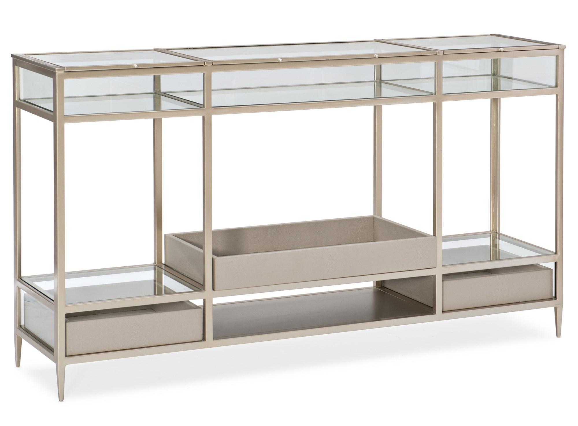 

    
Glass Top  & Metallic Frame Console Table FOR ALL THE WORLD TO SEE by Caracole
