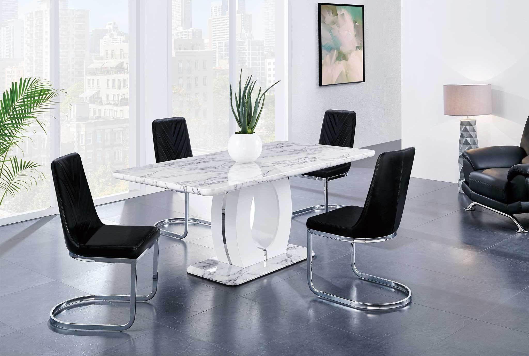 

    
D894DT Smooth Gray & White Marble Top Dining Set 5Pcs w/ Black PU Chairs Global USA
