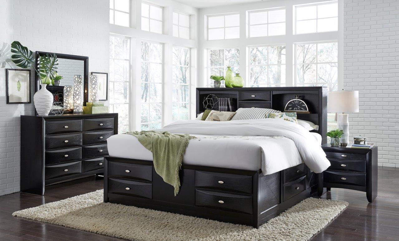 

    
LINDA Black Wood Storage Queen Bedroom Set 5Pcs w/ Platform & Drawers Global US
