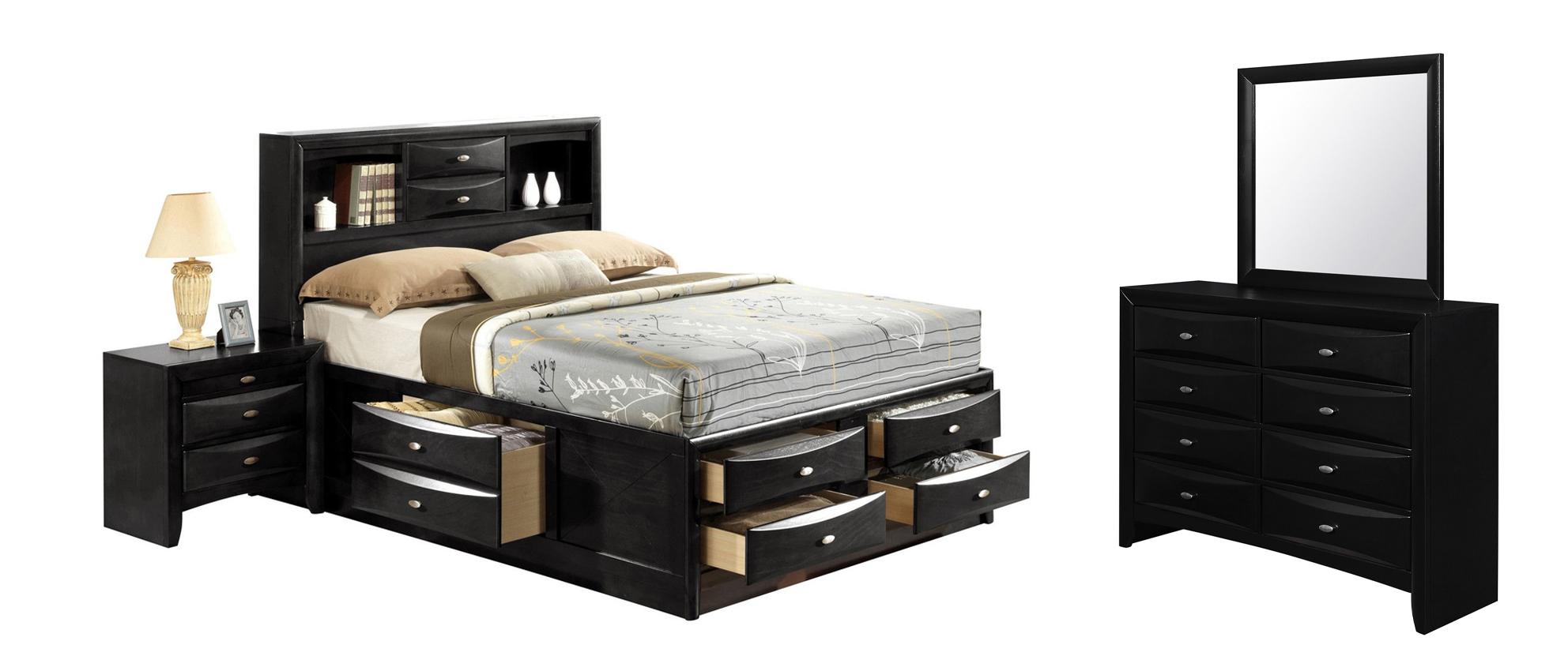 

    
LINDA Black Wood Storage Queen Bedroom Set 5Pcs w/ Platform & Drawers Global US
