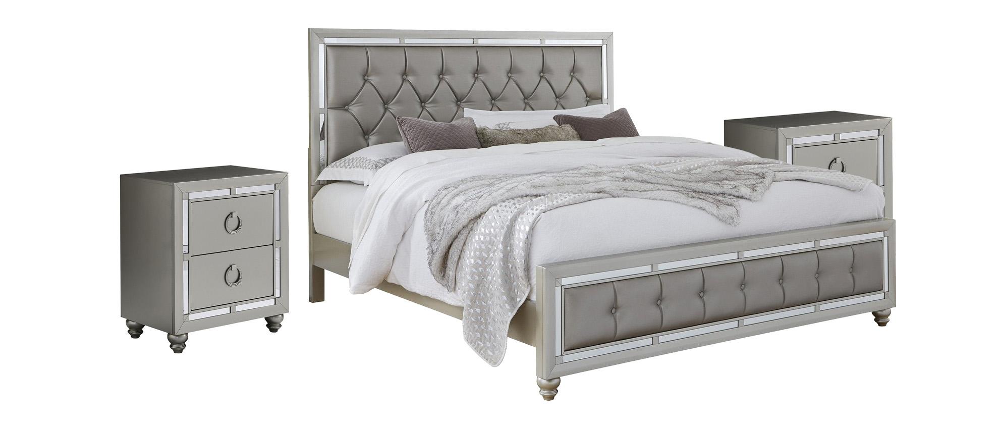 

    
RILEY Casual Silver Finish w/ Mirror Accents King Bedroom Set 3Pcs Global US
