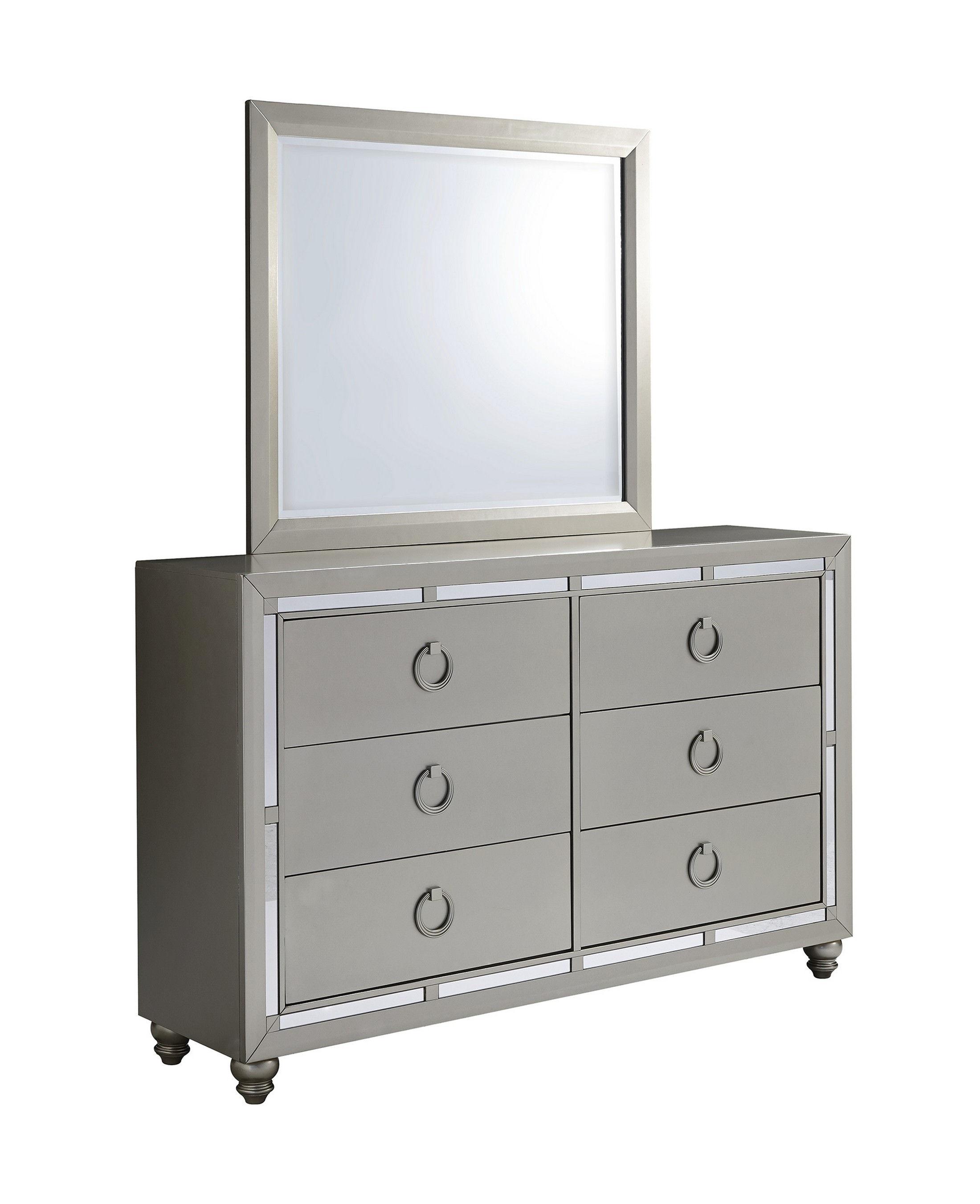 

    
RILEY-KB-Set-5 RILEY Casual Silver Finish w/ Mirror Accents King Bedroom Set 5Pcs Global US
