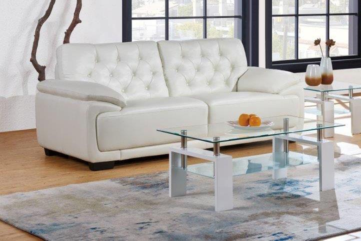 

    
Global Furniture U1066 Modern White Bonded Leather Living Room Tufted Back Sofa
