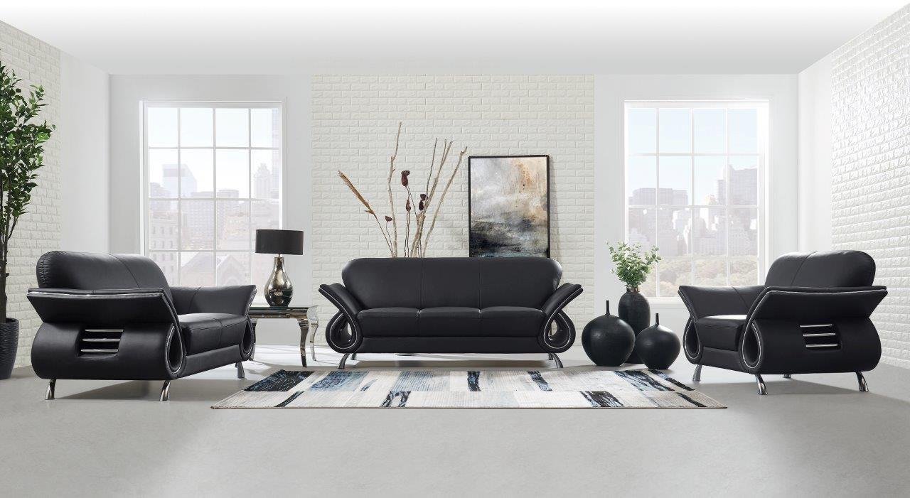 

    
Global Furniture U559 BL Modern Black Leather w/ Chrome Accents Sofa Set 3 Pcs
