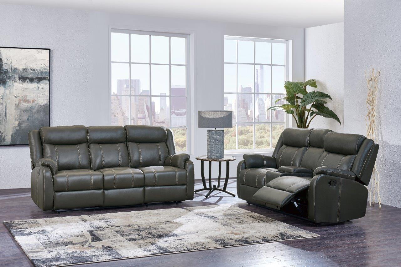 

    
Global Furniture U7303 GR Gin Rummy Chacroal Leather Gel Reclining Sofa Set 2Pcs
