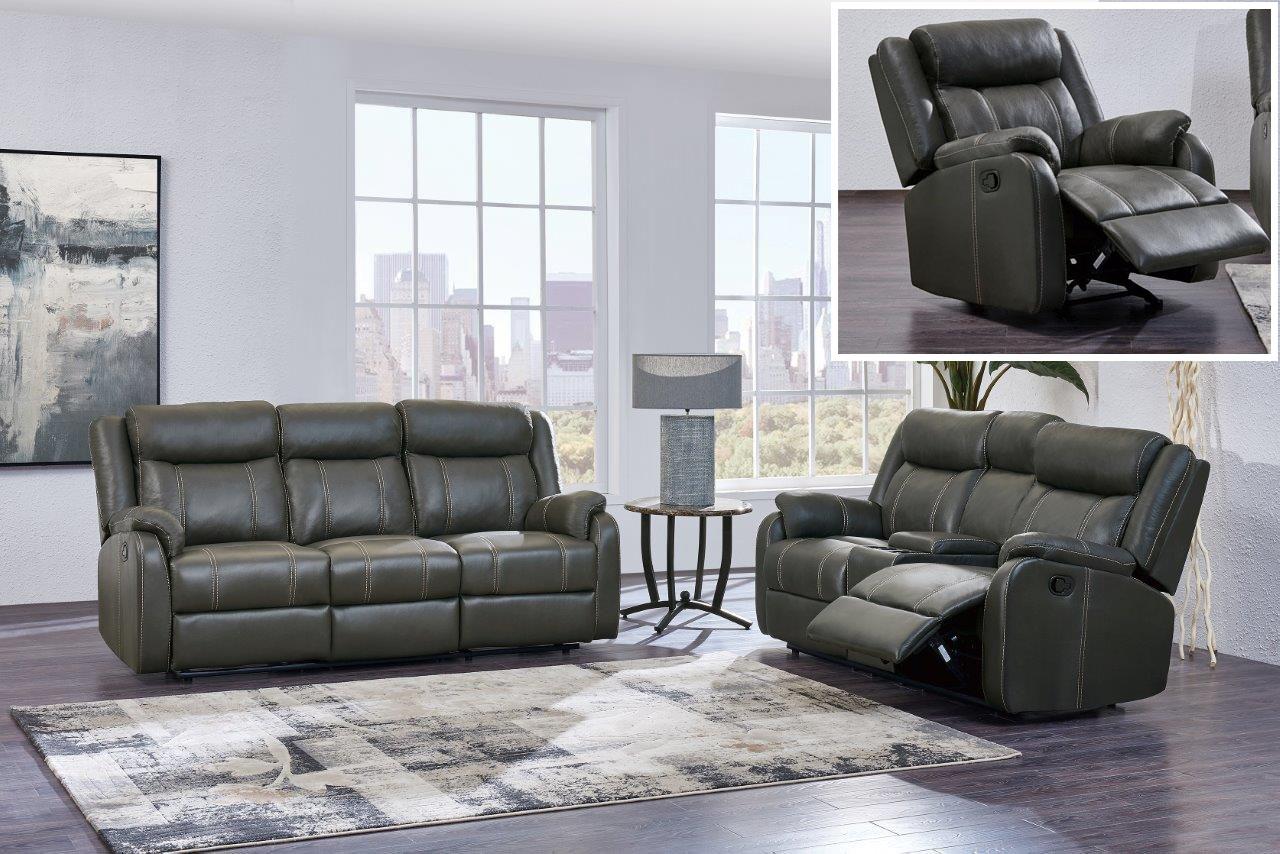 

    
Global Furniture U7303 GR Gin Rummy Chacroal Leather Gel Reclining Sofa Set 3Pcs
