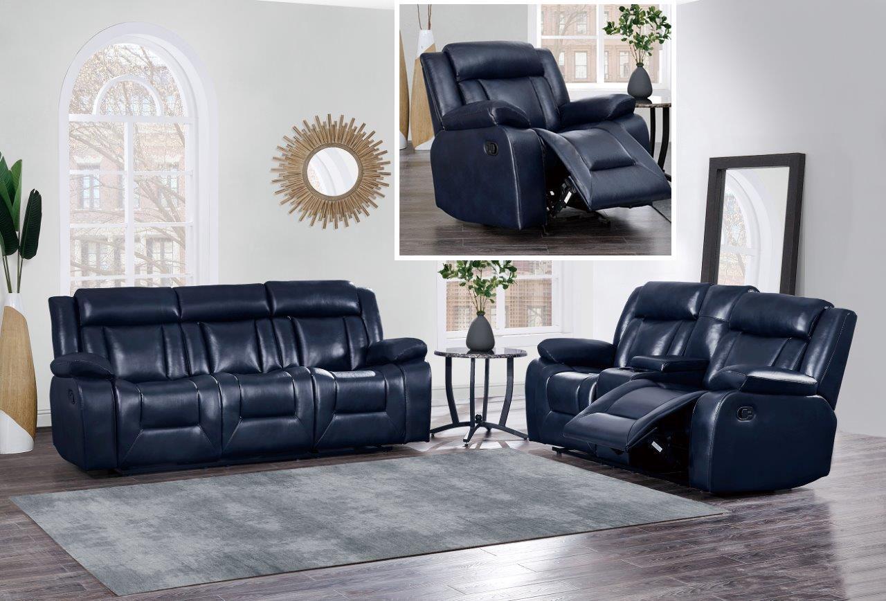 

    
Global Furniture U8036 BLUE Modern Rich Blue Leather Gel Reclining Sofa Set 3Pcs
