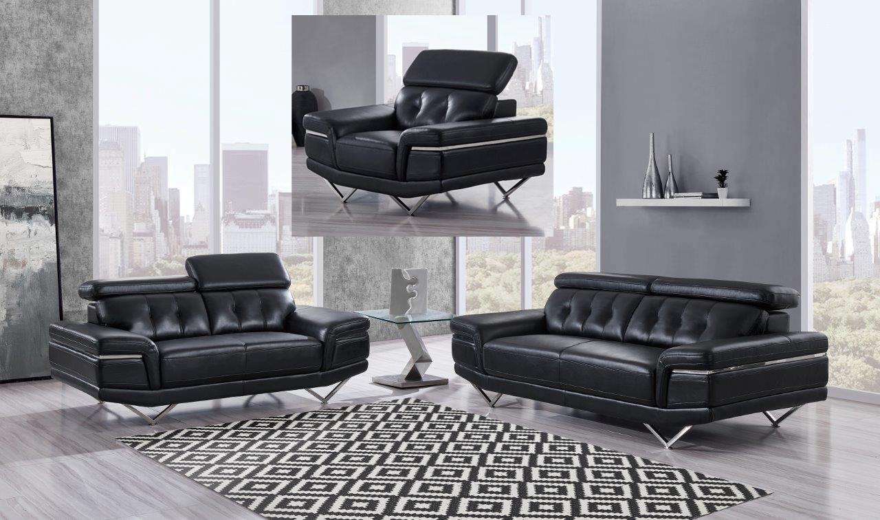 

    
Global Furniture U8740-BL Black Leather Gel Adjustable Headrest Sofa Set 3Pcs
