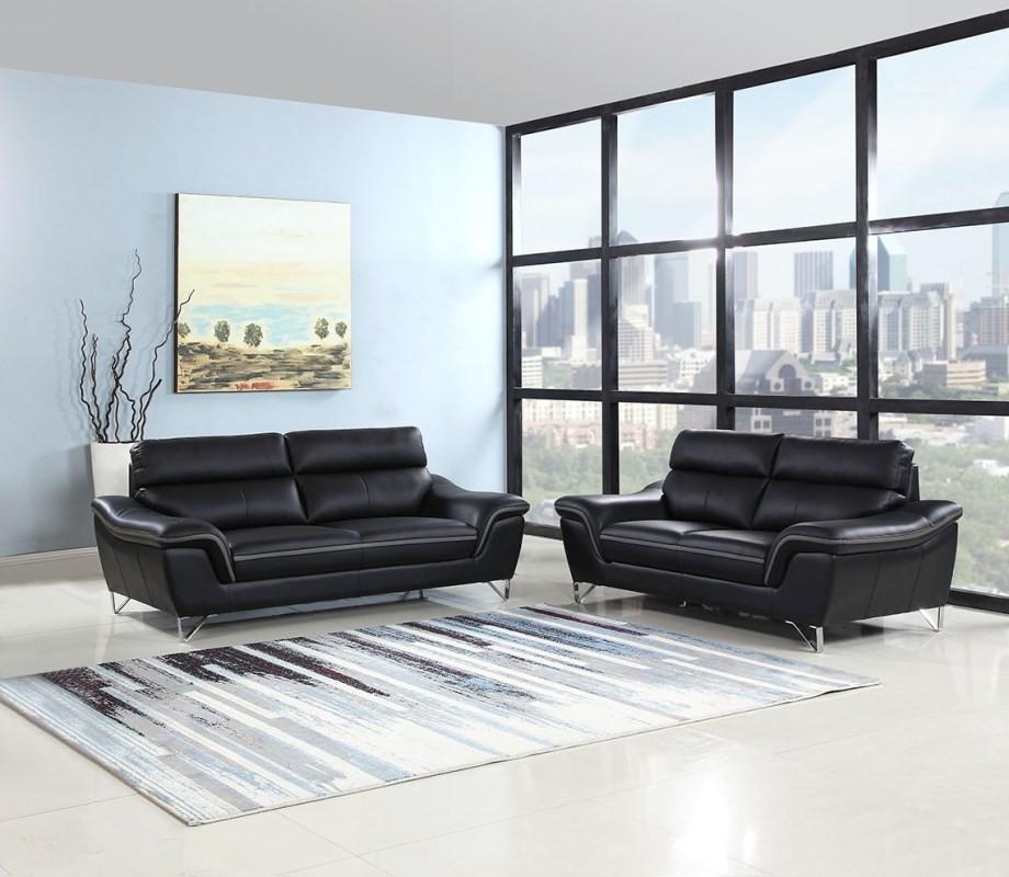 Contemporary Sofa and Loveseat Set 168 168-BLACK-2PC in Black Leather Air Material