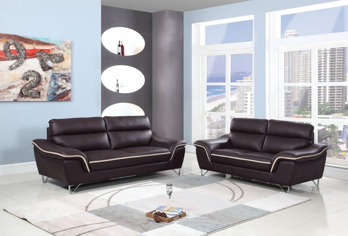 Contemporary Sofa and Loveseat Set 168 168-BROWN-2PC in Brown Leather Match
