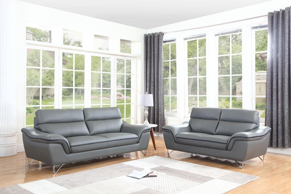 Contemporary Sofa and Loveseat Set 168 168-GRAY-2PC in Gray Leather gel match