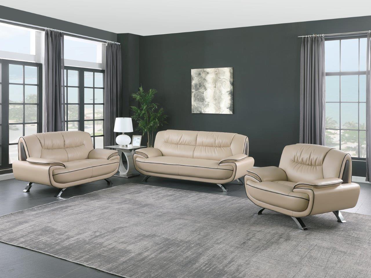 

    
Contemporary Beige Premium Leather Match Sofa Set 3Pcs Global United 405
