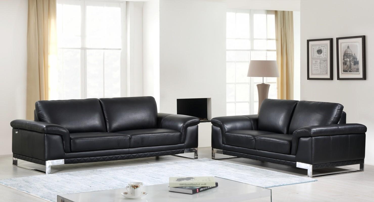 Contemporary Sofa and Loveseat Set 411 411-BLACK-2PC in Black Genuine Leather