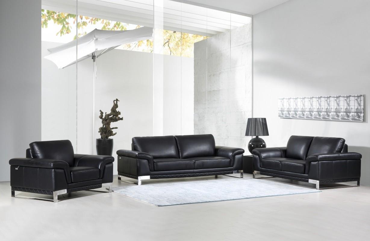 Contemporary Sofa Loveseat and Chair Set 411 411-BLACK-3-PC in Black Genuine Leather