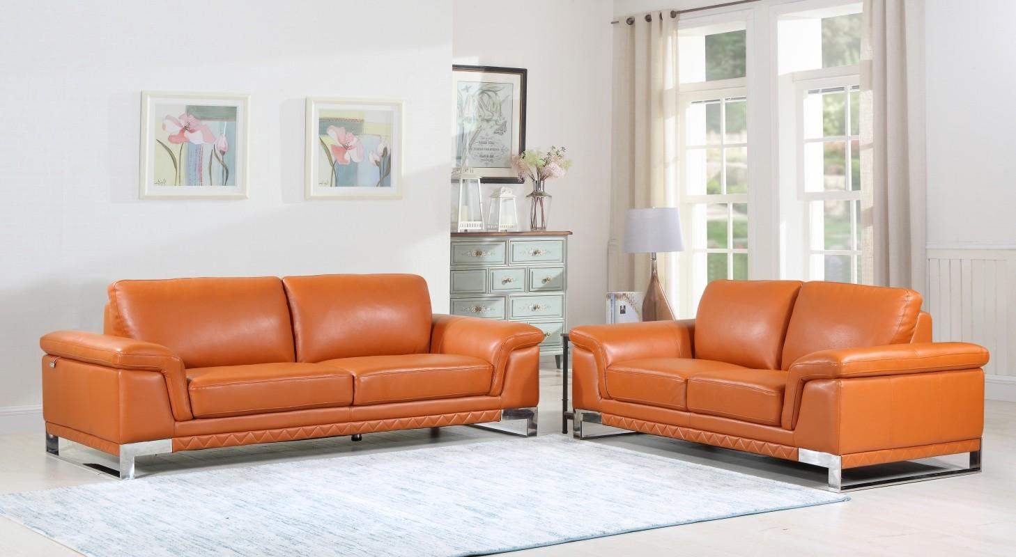 Contemporary Sofa and Loveseat Set 411 411-CAMEL-2PC in Camel Genuine Leather