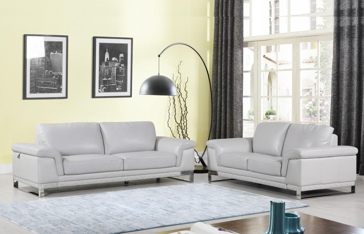 Contemporary Sofa and Loveseat Set 411 411-LIGHT-GRAY-2PC in Light Gray Genuine Leather