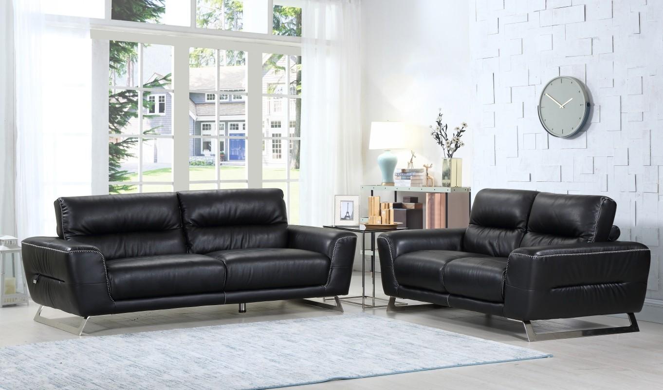 Contemporary, Modern Sofa and Loveseat Set 485 485-BLACK-2PC in Black Genuine Leather