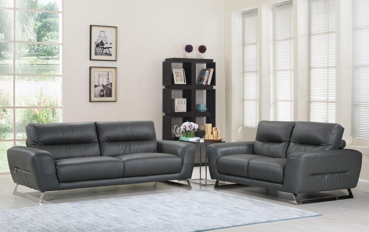 Contemporary, Modern Sofa and Loveseat Set 485 485-DARK-GRAY-2PC in Dark Gray Genuine Leather