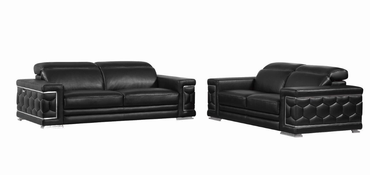 Modern Sofa and Loveseat Set 692 BLACK 692-BLACK-2PC in Black Genuine Leather