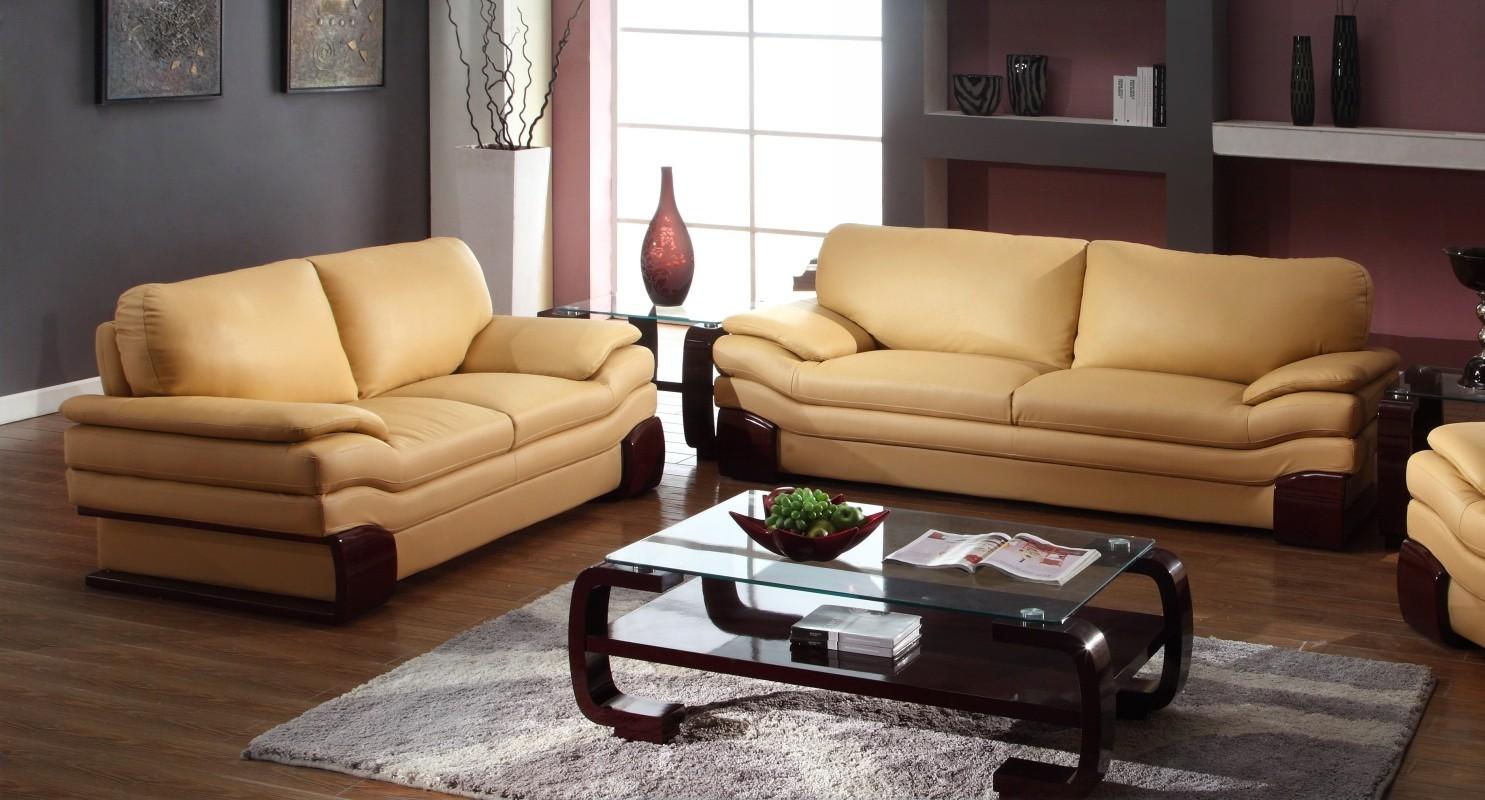 Contemporary Sofa and Loveseat Set 728 728-BEIGE-2PC in Beige Leather Match