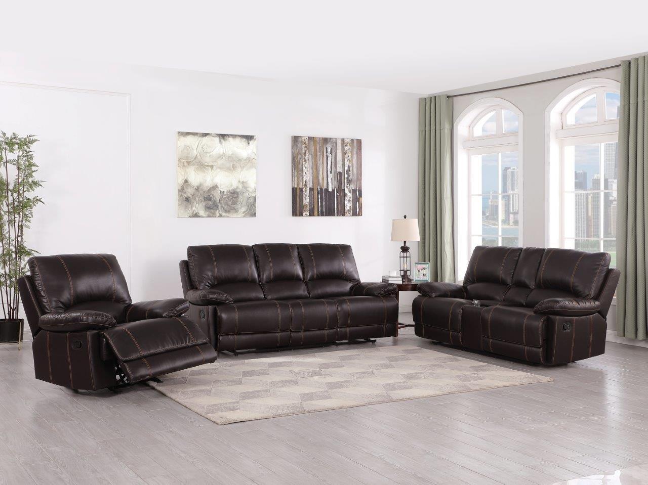 

    
Brown Leather Air Sofa Set with Console Loveseat 3 Pcs Global United 9345
