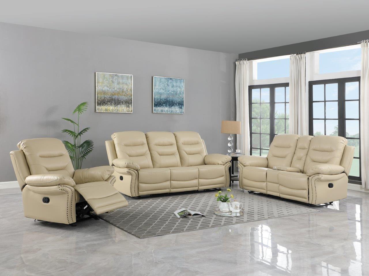 

    
 Shop  Beige Leather Air / Match Recliner Loveseat with Console Global United 9392
