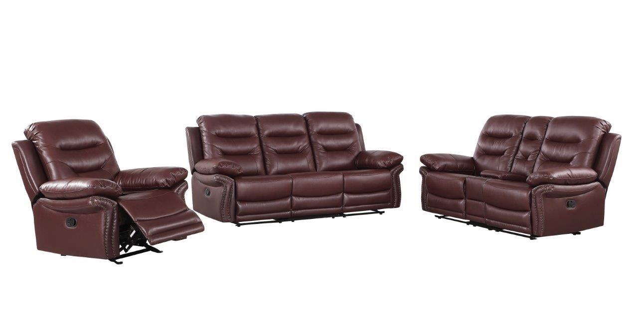 

    
Burgundy Sofa Set w/ Console Loveseat Air/Leather Match 3Pcs Global United 9392
