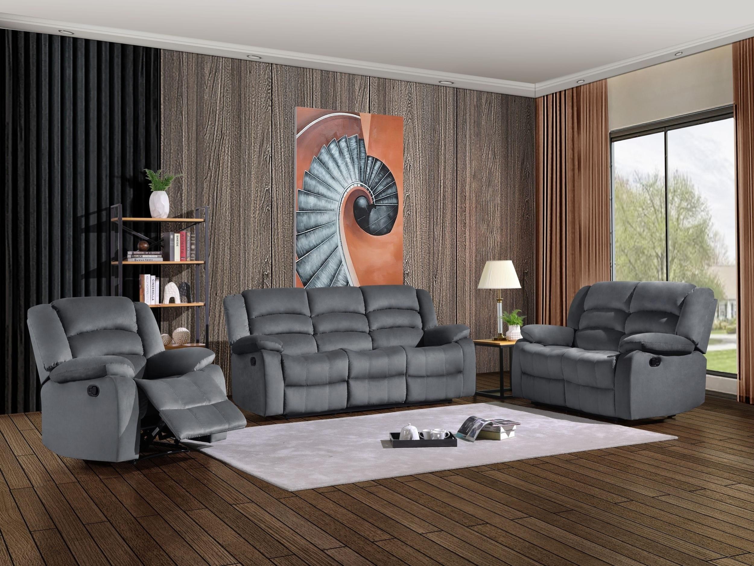 

    
Gray Microfiber Sofa Set 3 Pcs Contemporary Global United 9824

