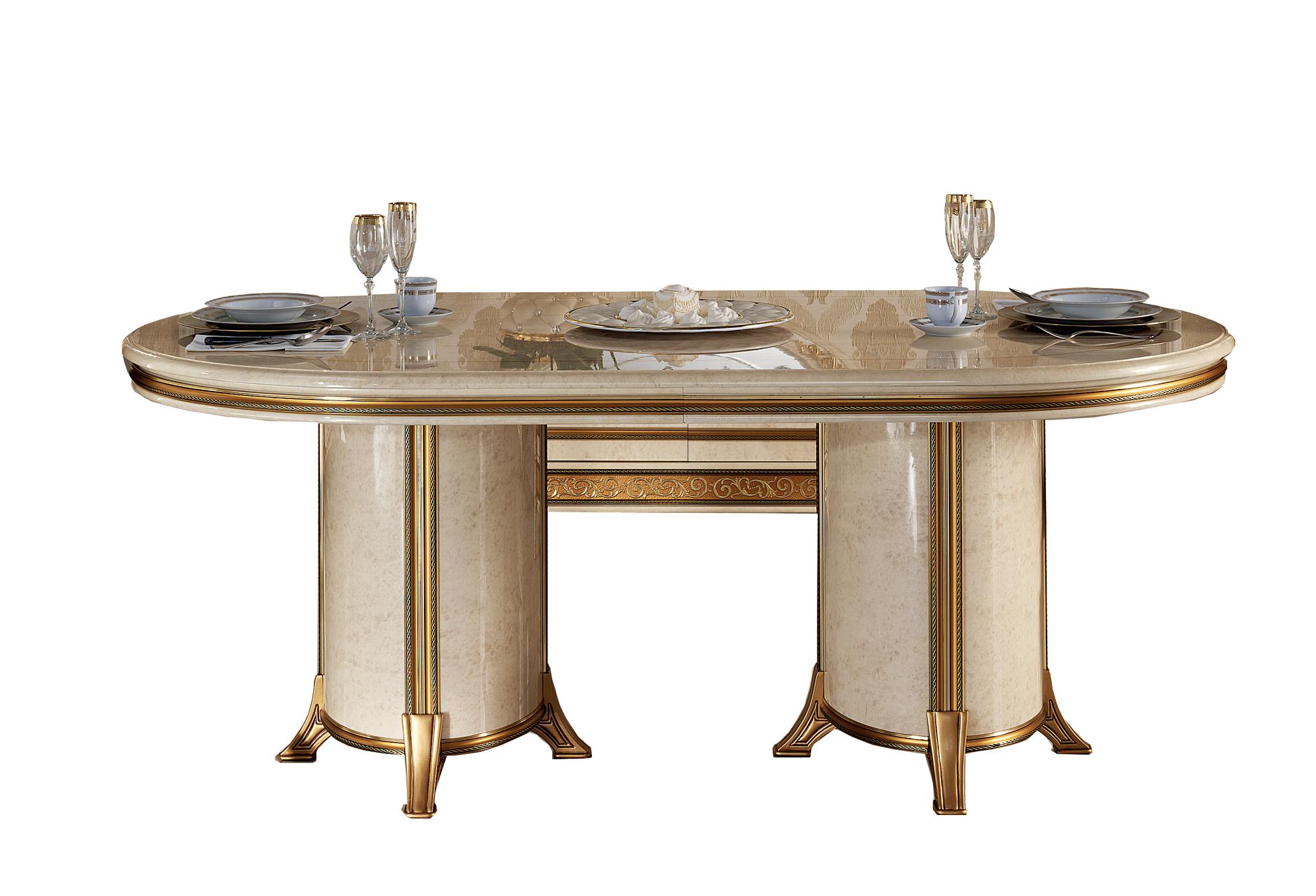 

    
Glossy Ivory & Gold Oval Dining Table W/1 EXT Melodia ESF Made in Italy Classic
