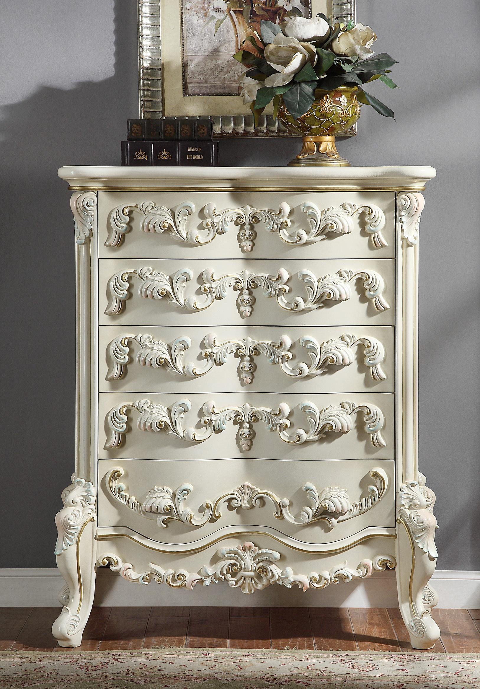 Traditional Bachelor Chest HD-8089 HD-CHE8089 in Gold Finish, White Glossy