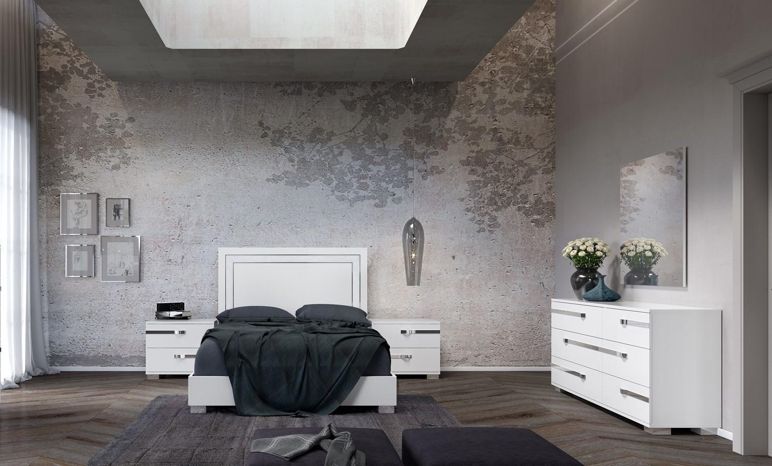 Contemporary Platform Bedroom Set Volare VOLARE-White-EK-Set-5 in White High Gloss Lacquer