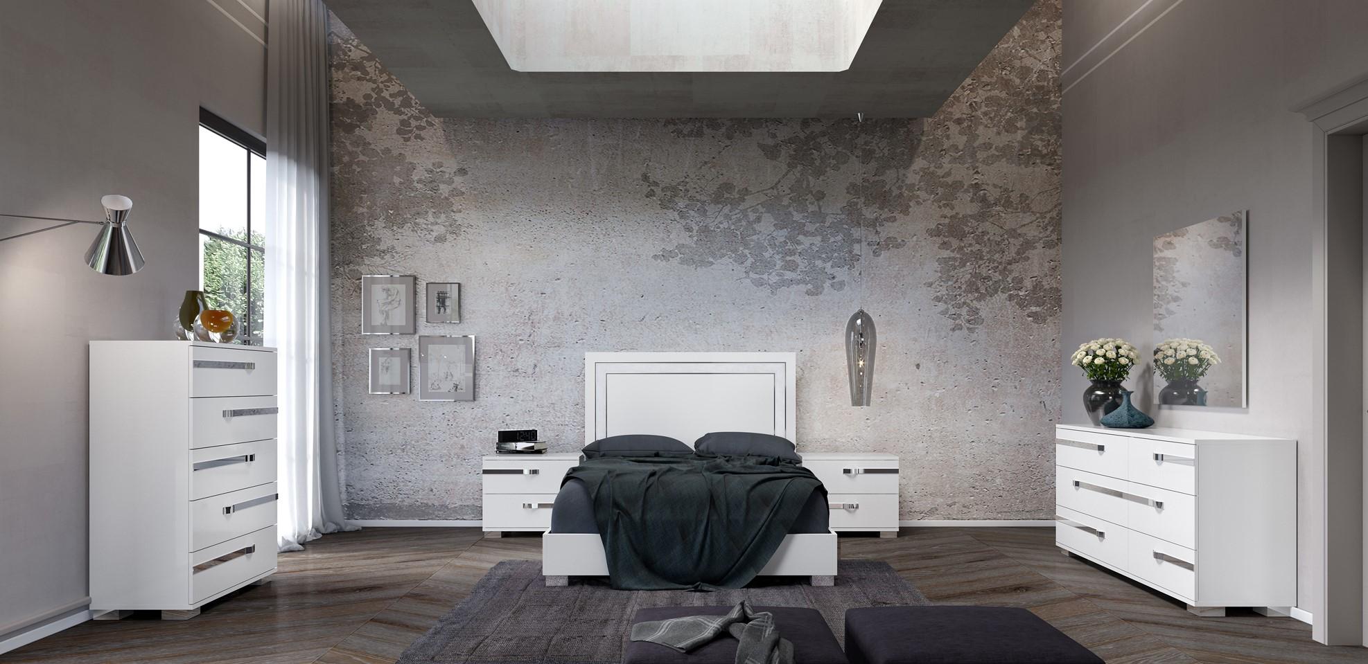 Contemporary Platform Bedroom Set Volare VOLARE-White-EK-Set-6 in White High Gloss Lacquer