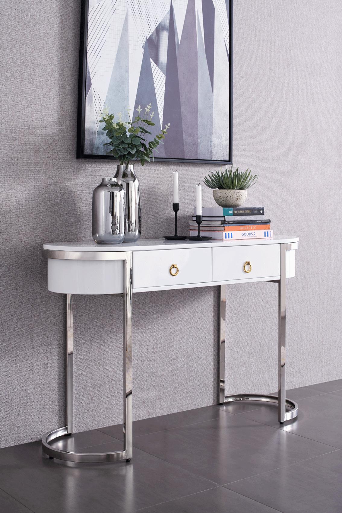 

    
Glossy White & Silver Hallway Console Table 131 ESF  Contemporary Made in Italy
