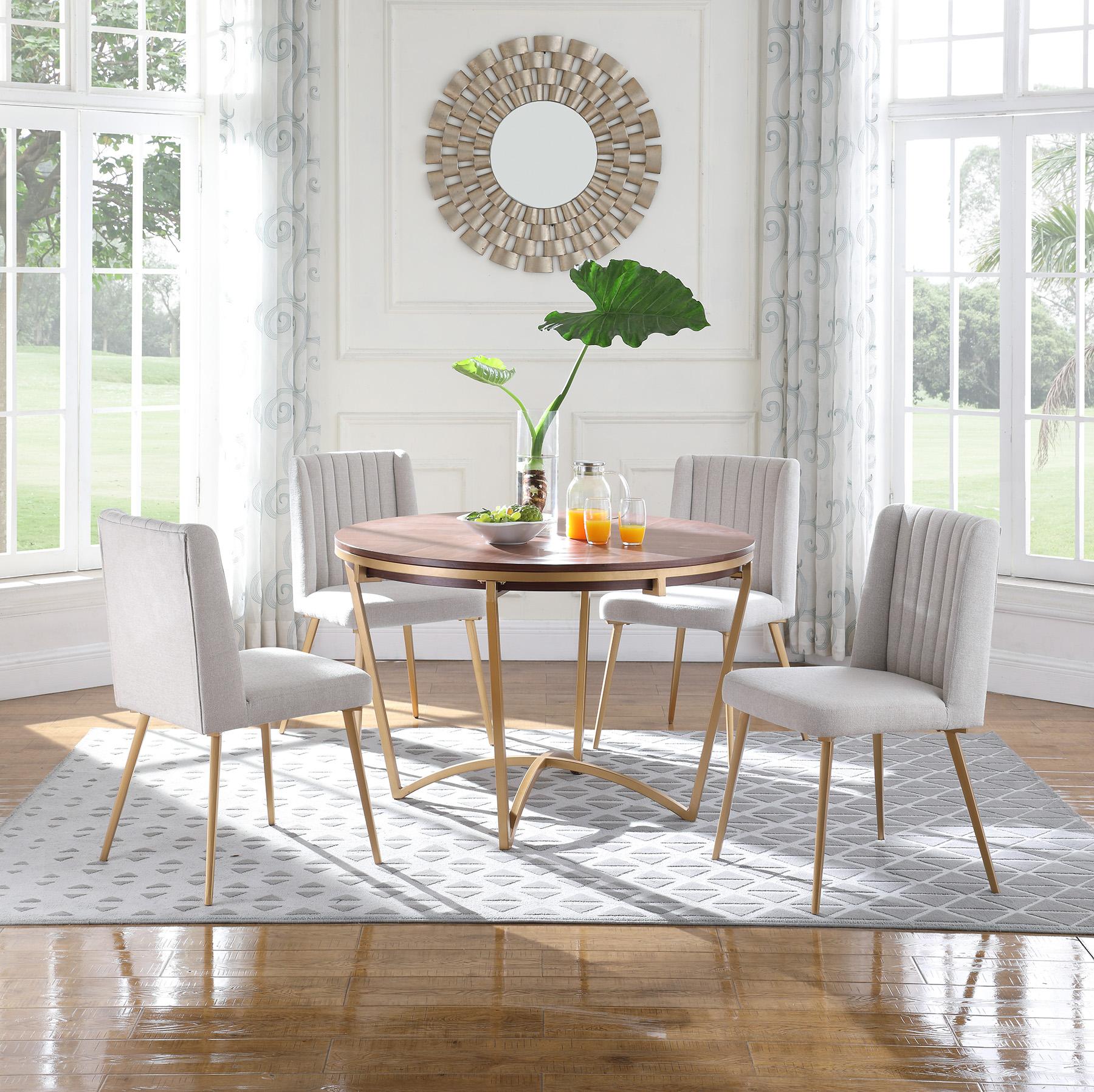 Contemporary, Modern Dining Table Set ELEANOR 932-T-Set-5 932-T-Set-5 in Walnut, Gray, Gold Fabric