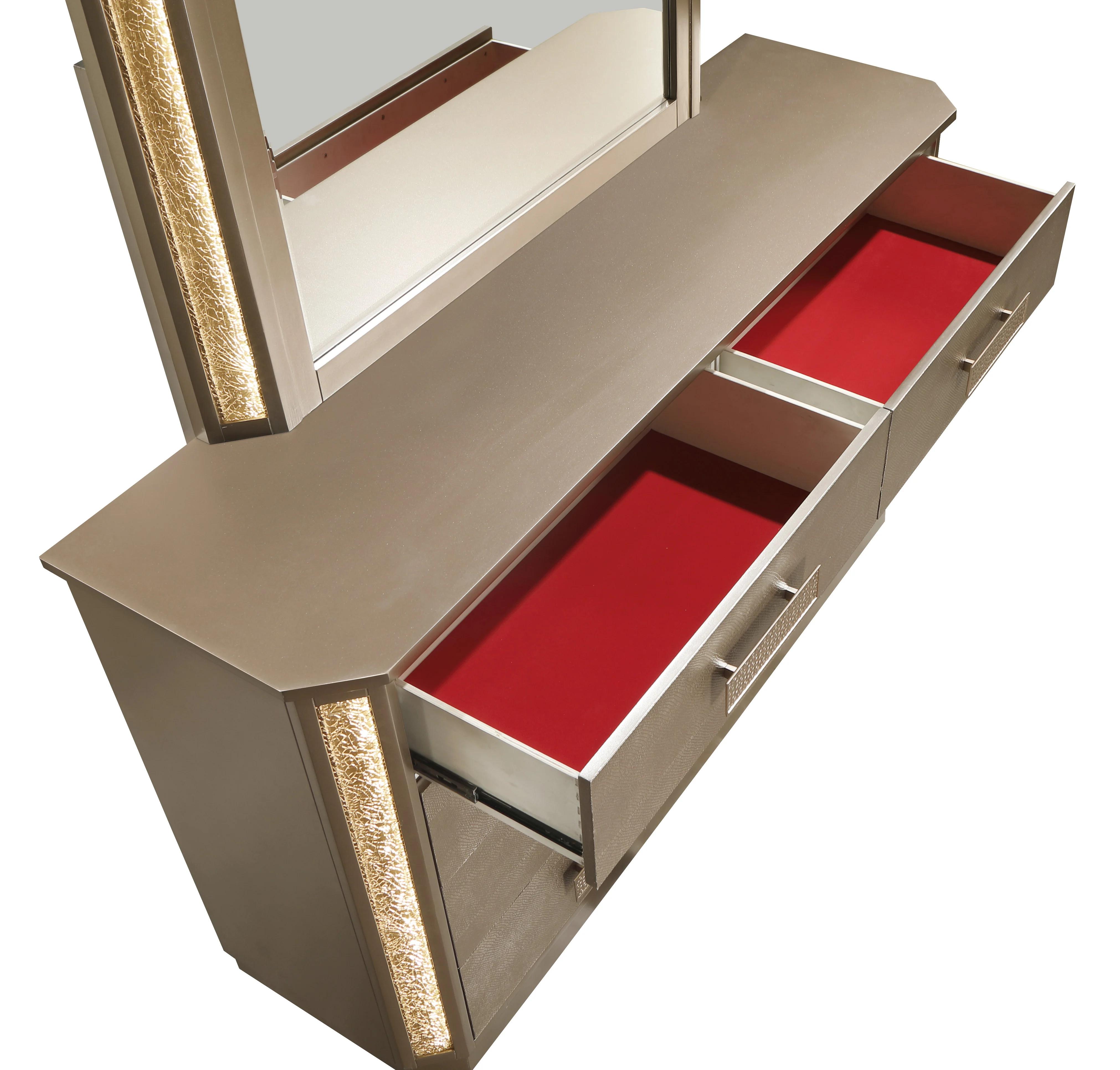 

    
Gold & Copper Finish Storage King Bedroom Set 4Pcs Medusa Galaxy Home Modern
