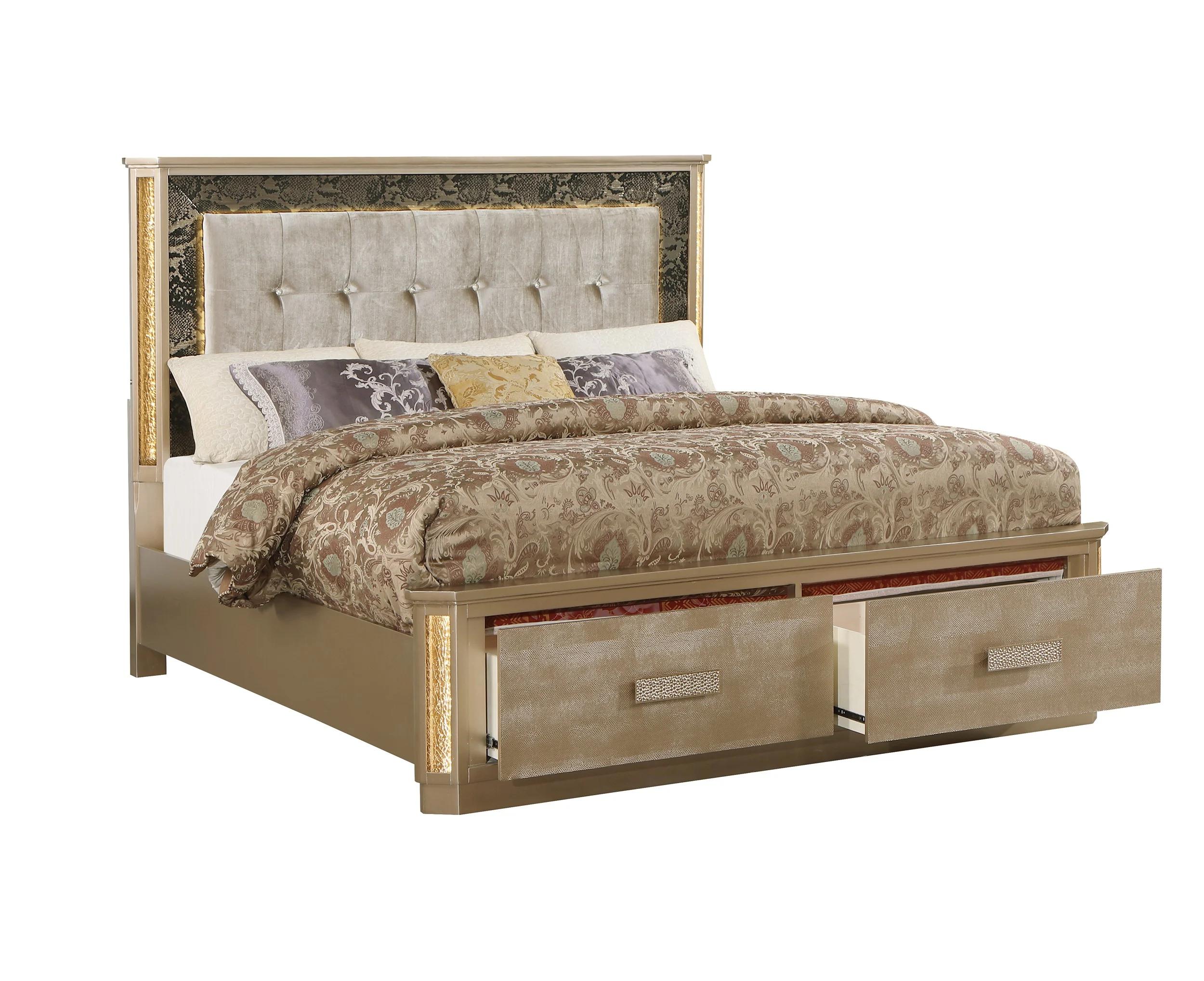 

    
Gold & Copper Finish Storage Queen Bed Medusa Galaxy Home Modern
